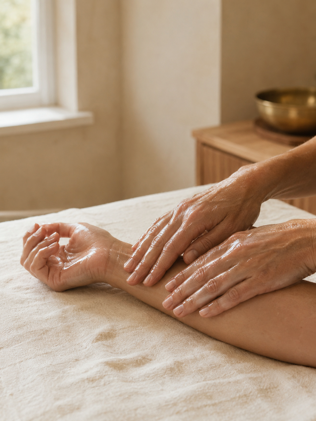 Handen met olie tijdens een massage bij Sen Wellness