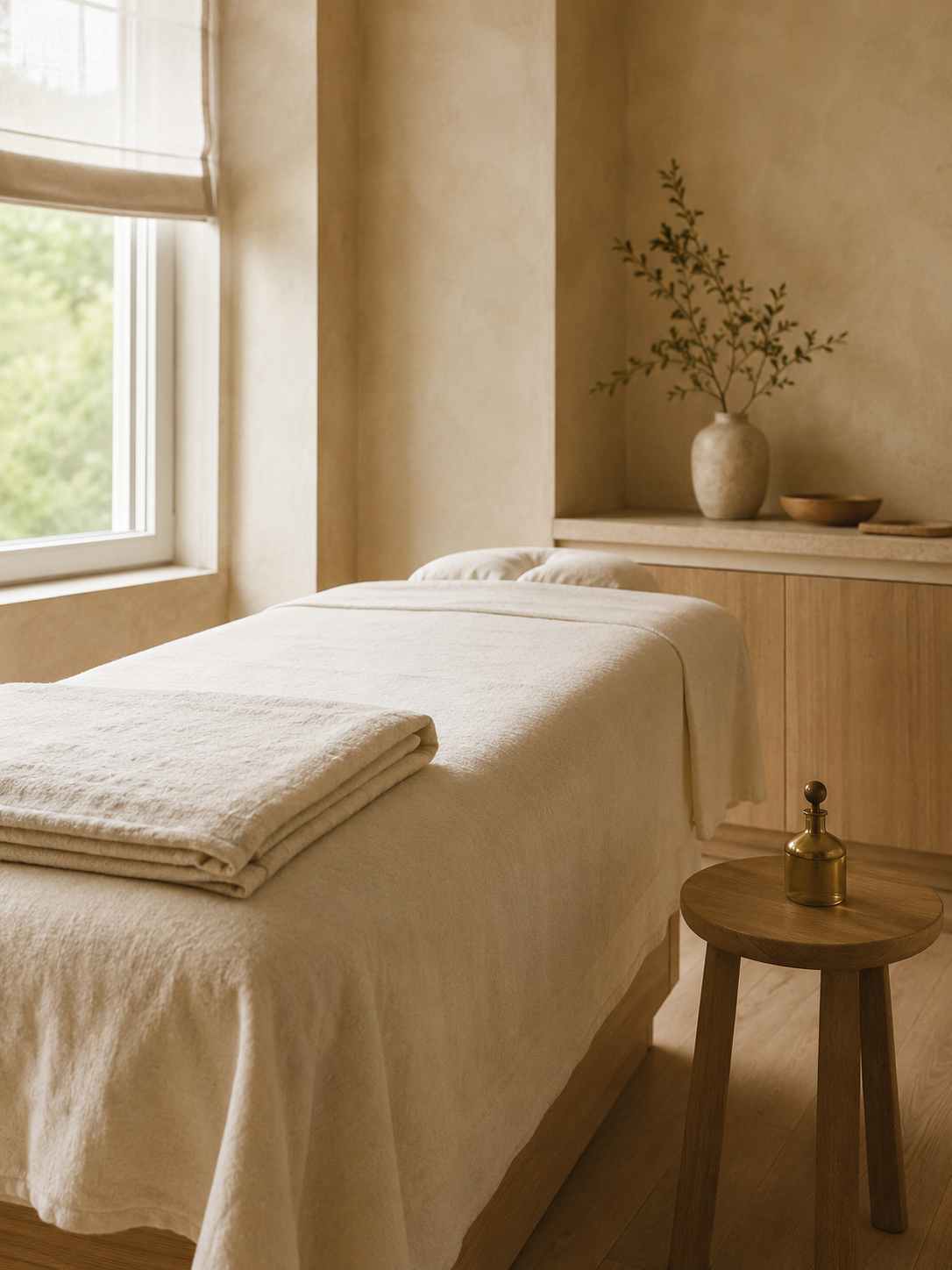 De behandelkamer met opgemaakte massagetafel