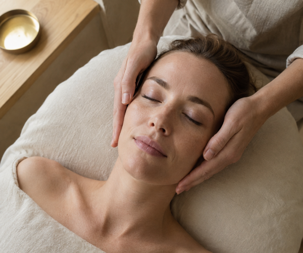 Vrouw ontspant tijdens een gezichtsmassage bij Sen Wellness
