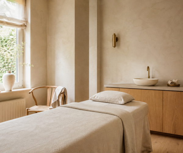 Opgemaakte massagetafel in de behandelkamer van Sen Wellness