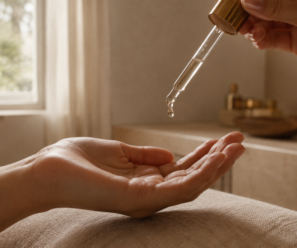Massageolie wordt op de handen gedruppeld voor de behandeling