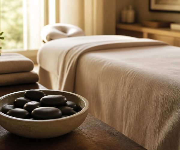 Warme stenen klaargelegd voor een hot stone massage